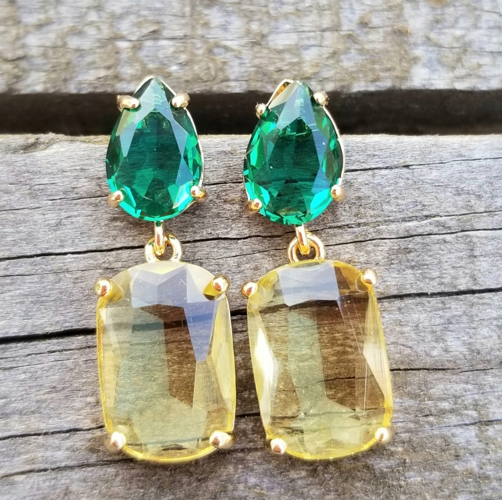 14k Gold Citrine and Emerald Stud Earrings, Citrine Stud Dangle Earrings
